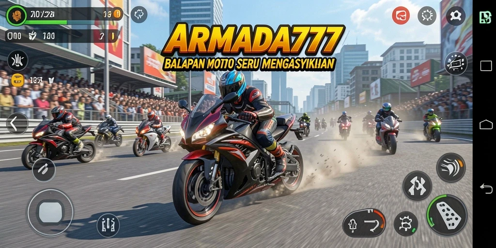 Screenshot utama ARMADA777 menampilkan aksi balapan motor yang seru dan mendebarkan.