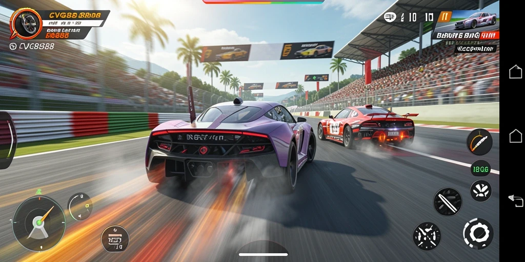 Tampilan gameplay balapan seru di CVG8888 dengan mobil cepat dan trek menantang.