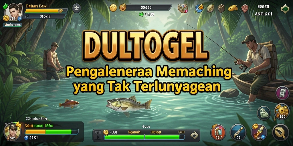 Tampilan screenshot DULTOGEL menampilkan pemain yang menangkap ikan di tepi danau.