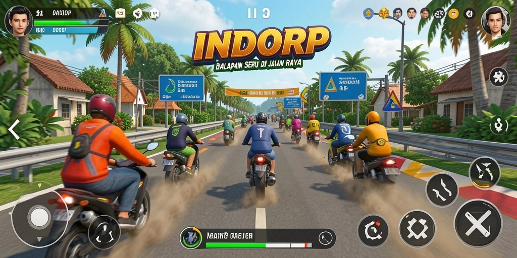 Tangkapan layar INDORP menampilkan aksi balapan yang cepat dan mendebarkan.