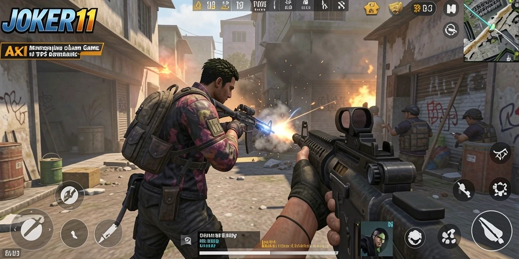 Screenshot gameplay JOKER11 menunjukkan aksi menegangkan di medan perang TPS.