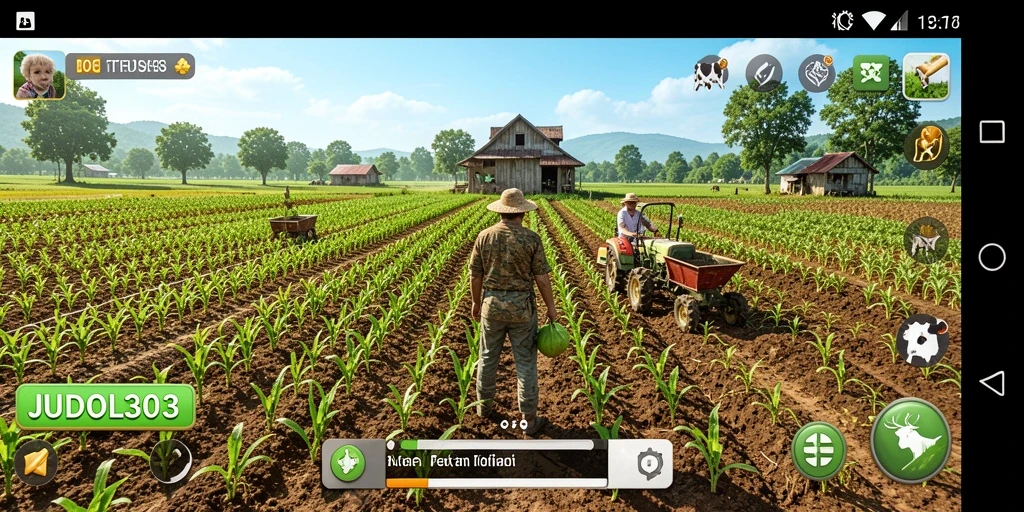 Tangkapan layar gameplay <strong>JUDOL303</strong> menampilkan pertanian yang indah dan aktivitas bertani yang seru.