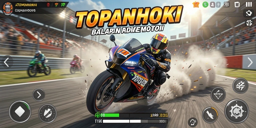 Tampilan gameplay <strong>TOPANHOKI</strong> yang mendebarkan saat balapan motor.